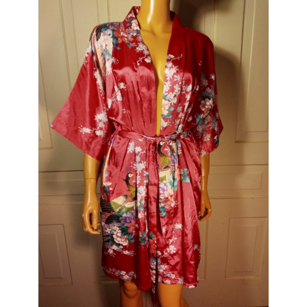 Kimono robe peacock cherry blossoms floral birds satin